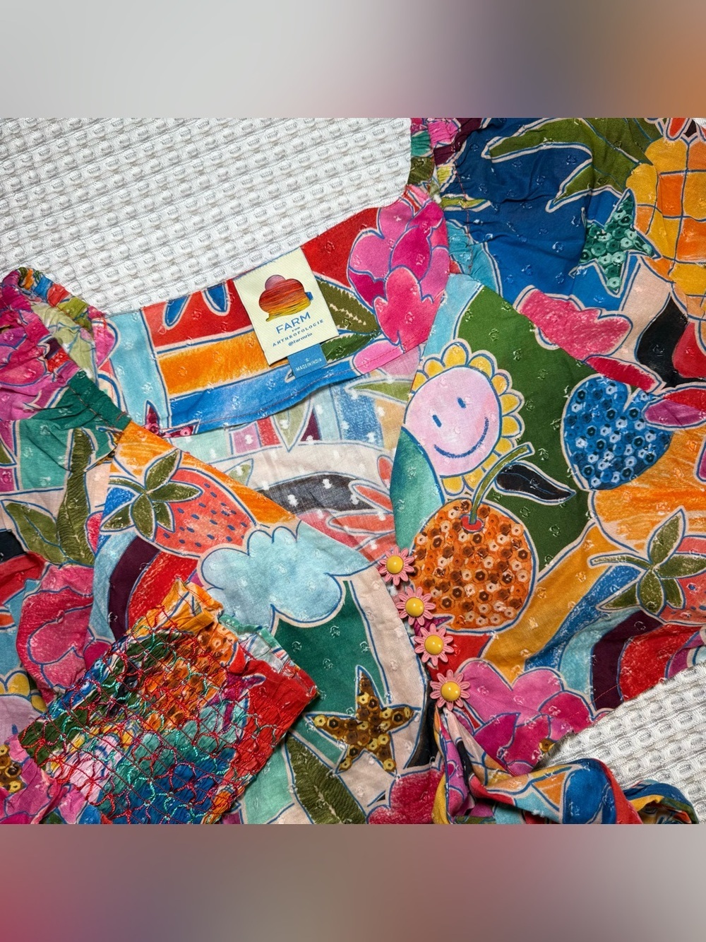 Farm Rio Anthropologie Women Cotton Crop Top Small Fruit Patchwork Tie Front